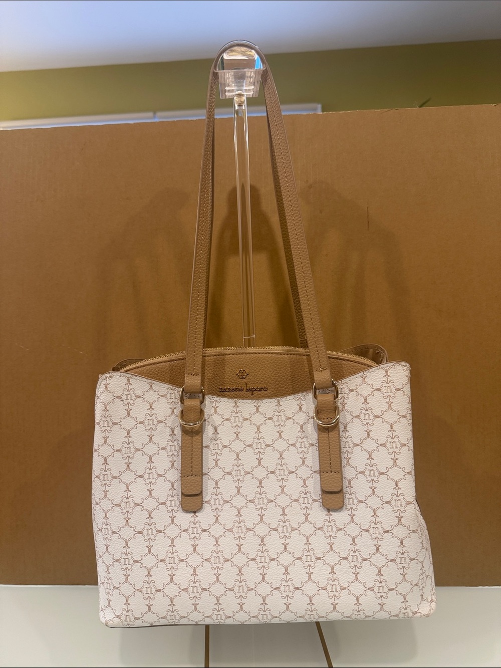 Nanette Lepore White and Tan Logo-Print Tote